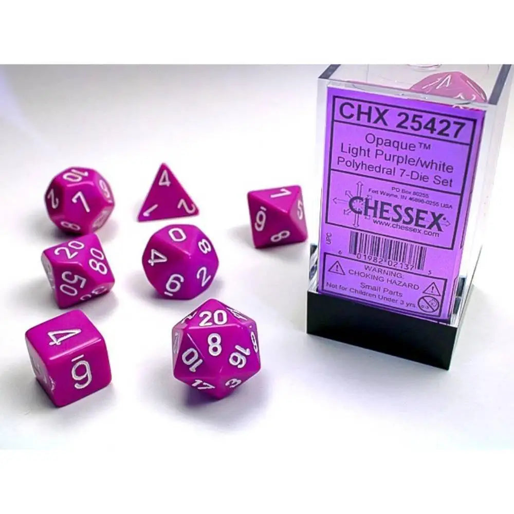 Chessex Opaque Light Purple w/White Dice & Dice Supplies Chessex Polyhedral (D&D) Dice Set (7)  
