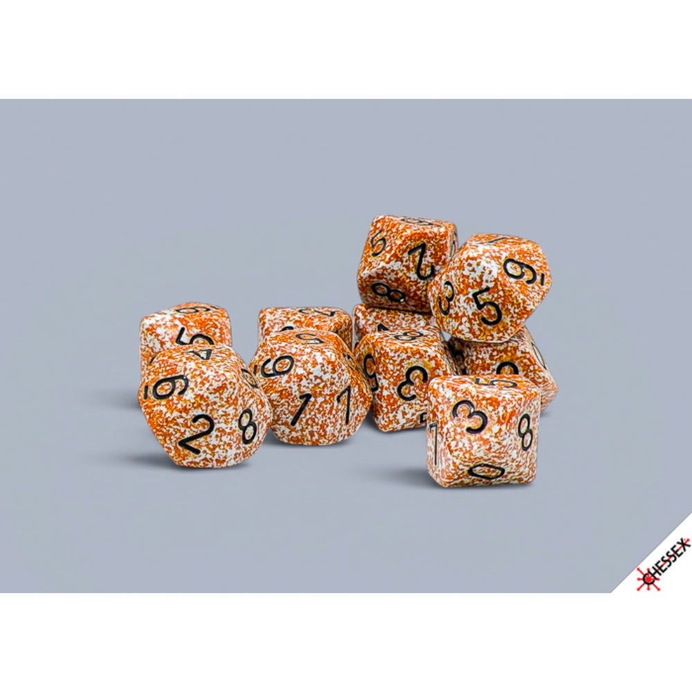 Orange speckled polyhedral dice with black numbering by Chessex Speckled Rust for tabletop gaming use