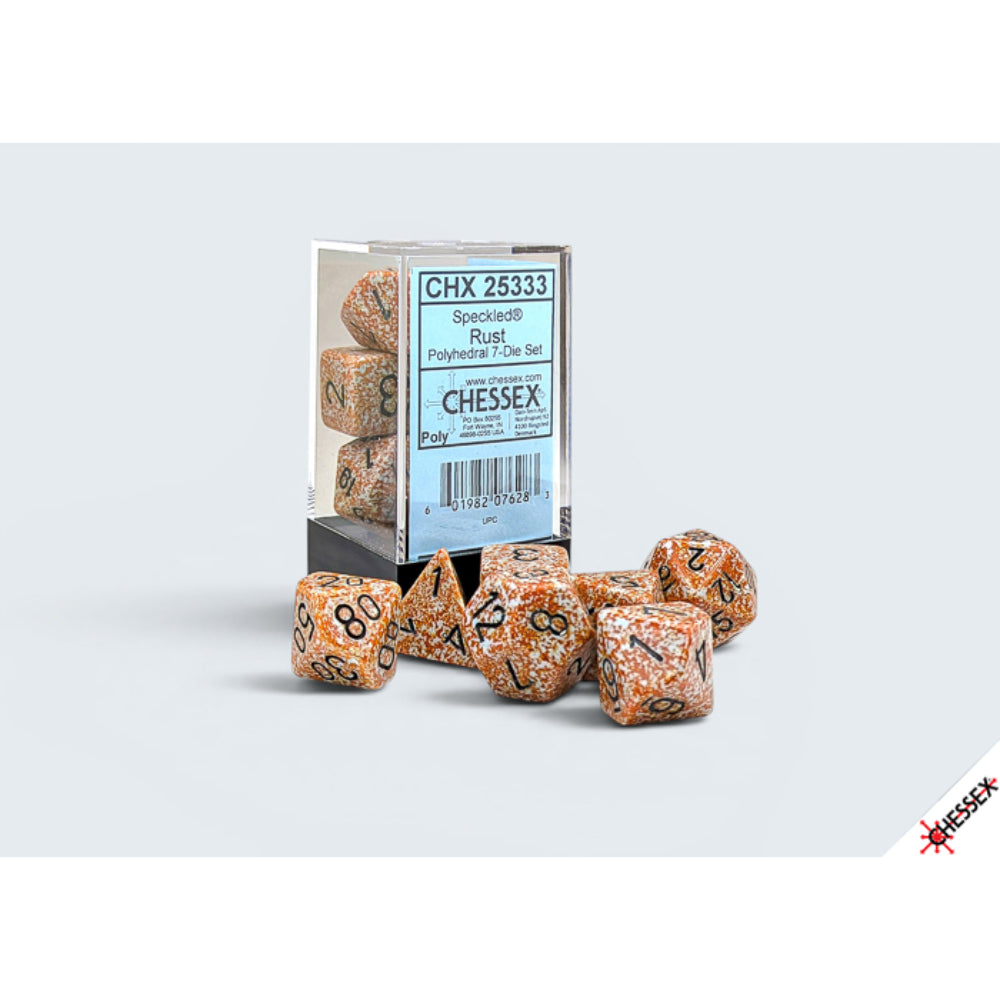 Chessex speckled rust polyhedral dice set with black numbers on translucent orange and white speckled resin in a box