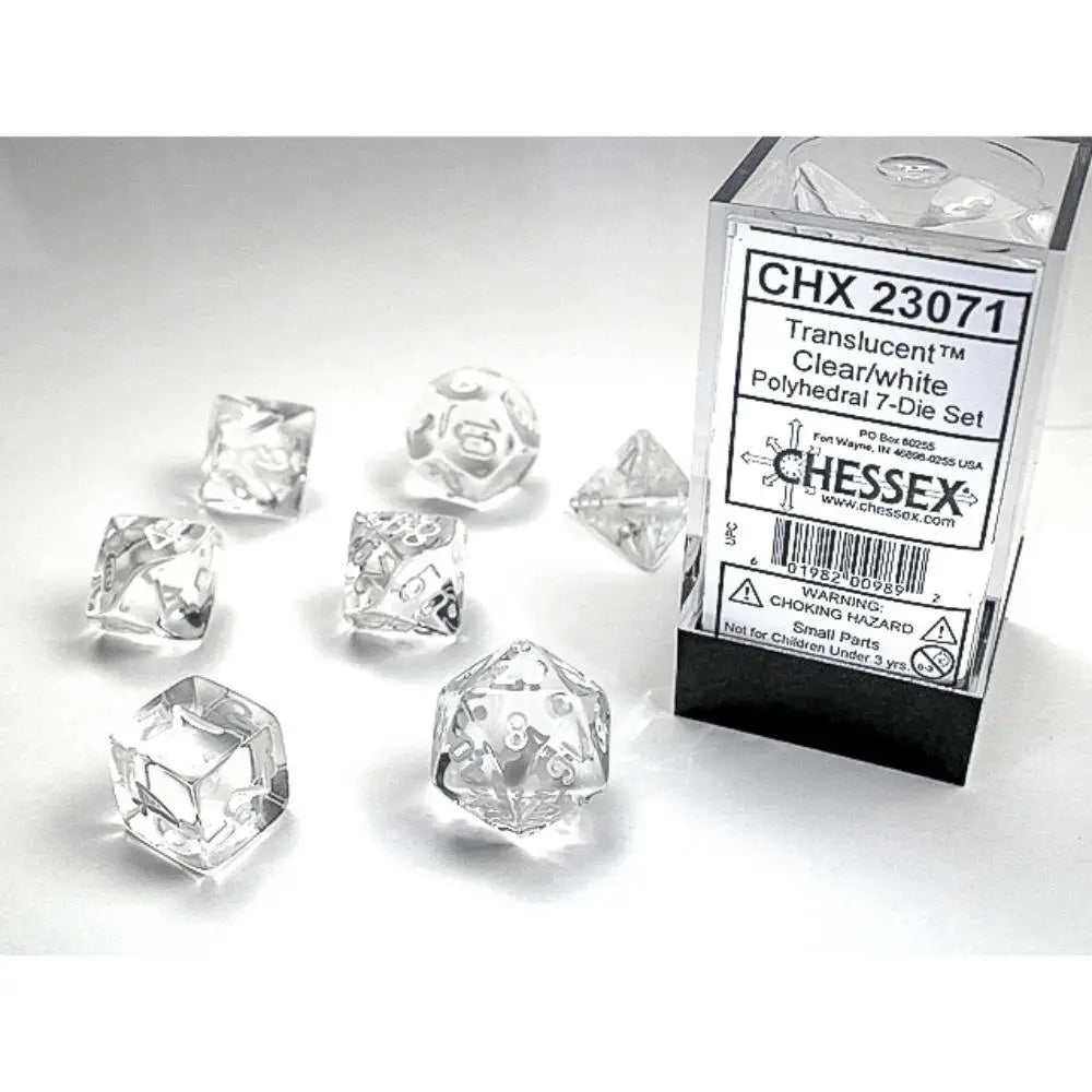 Chessex Translucent Clear w/White Dice & Dice Supplies Chessex Polyhedral (D&D) Dice Set (7)  