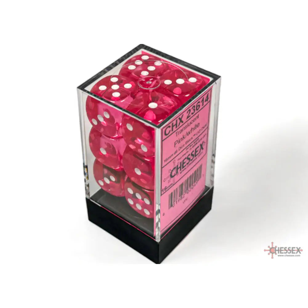 Chessex translucent pink dice with white dots packaged in a clear cube box for tabletop gaming use