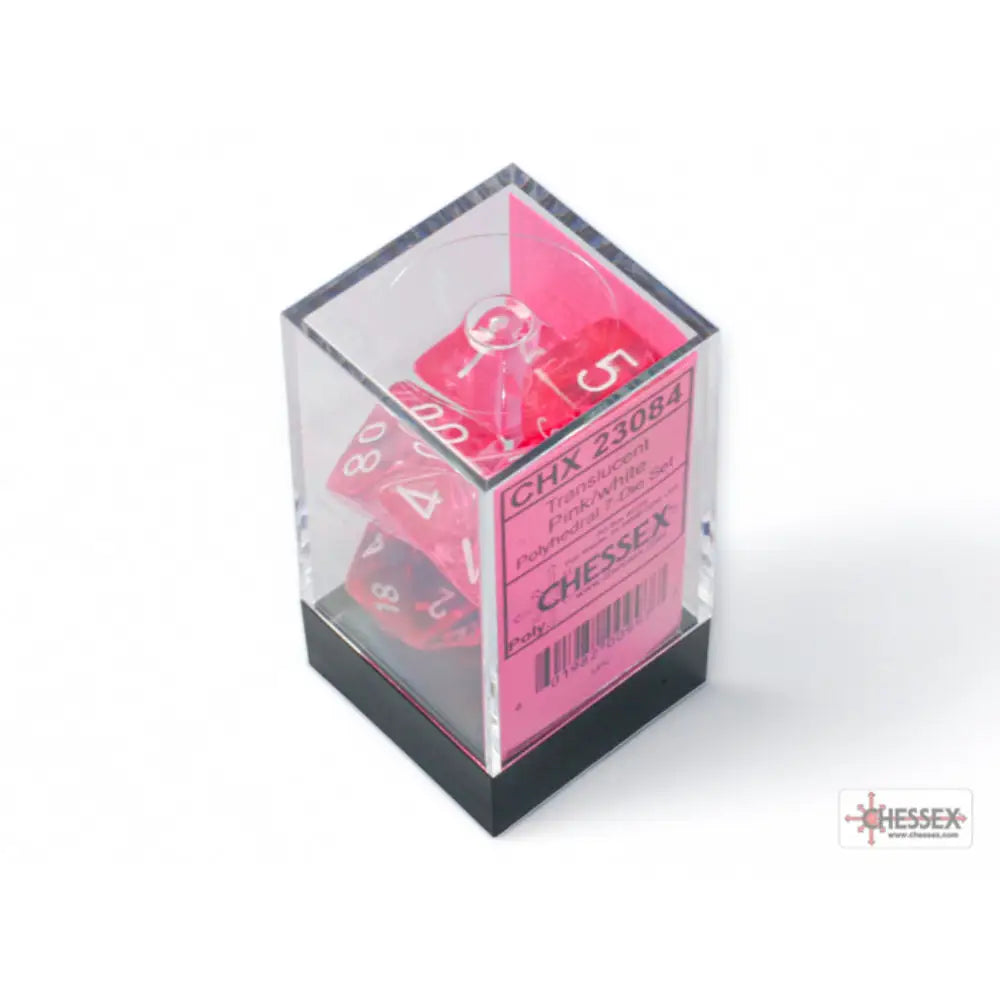 Chessex Translucent Pink w/White - Polyhedral (D&D) Dice Set (7) - Dice & Dice Supplies