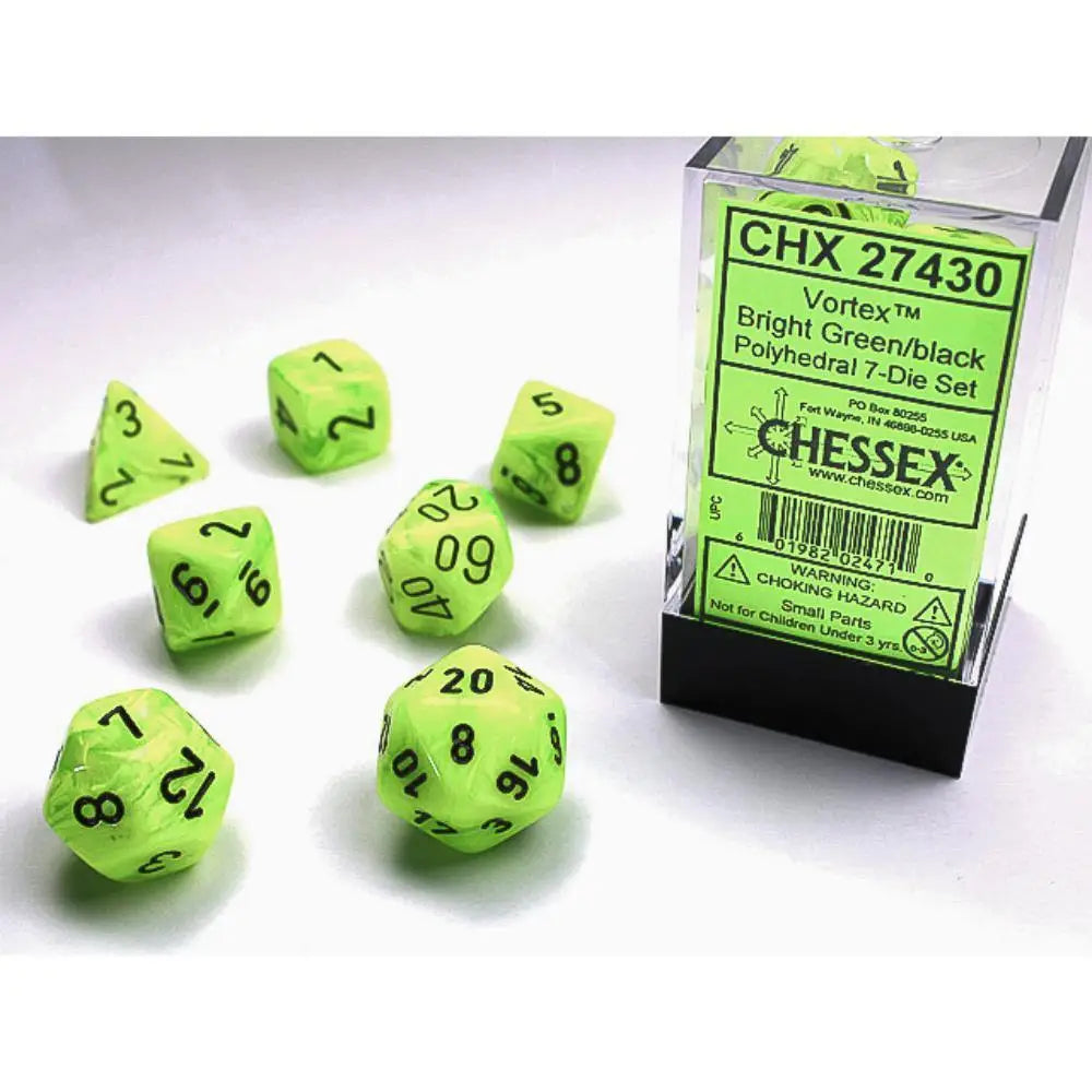 Chessex Vortex Bright Green w/Black Dice & Dice Supplies Chessex Polyhedral (D&D) Dice Set (7)  