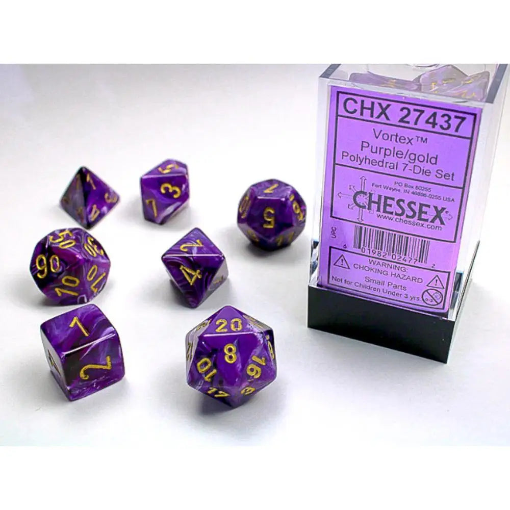 Chessex Vortex Purple w/Gold Dice & Dice Supplies Chessex Polyhedral (D&D) Dice Set (7)  