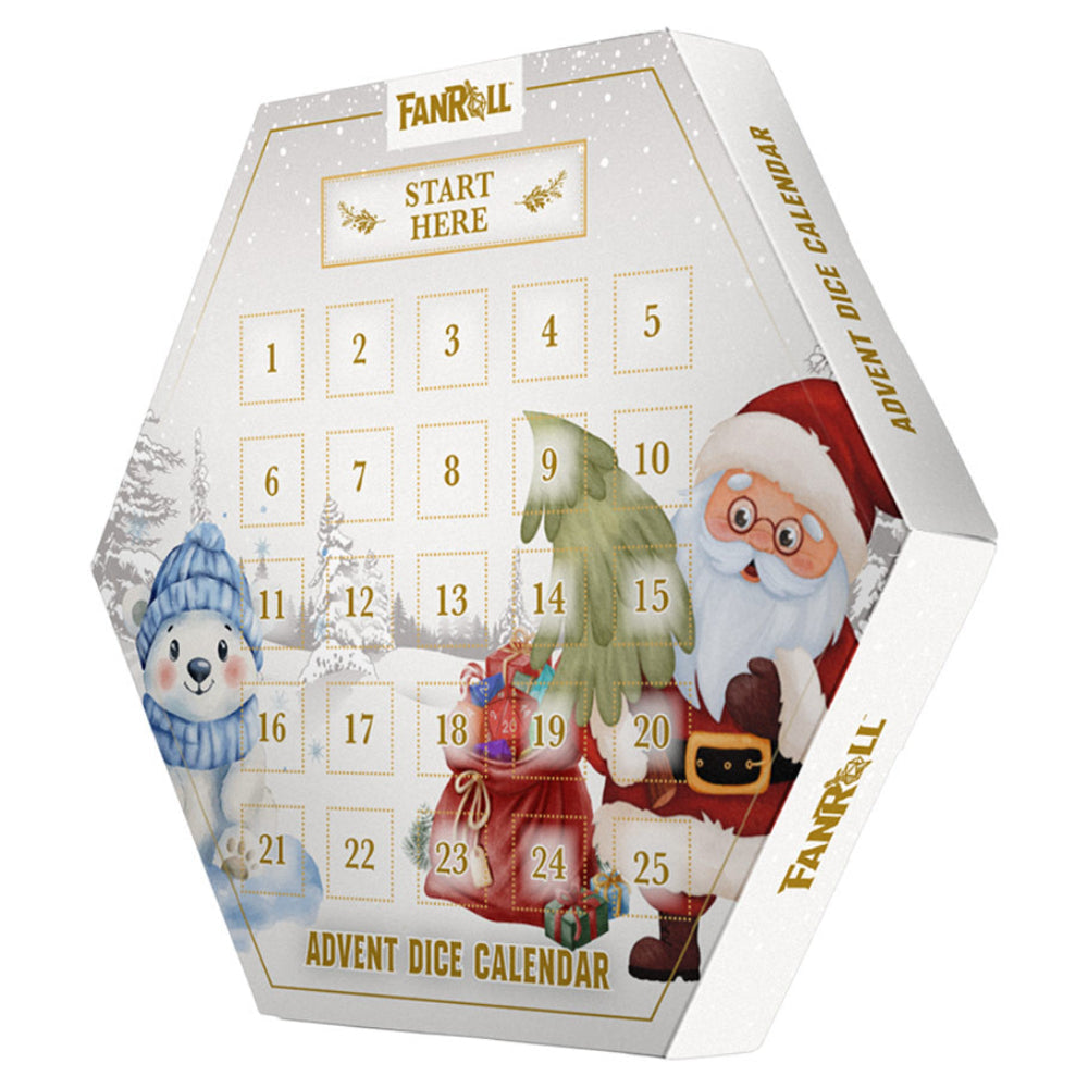 Christmas advent calendar 2026 with white hexagonal dice featuring gold accents and santa claus and polar bear illustrations