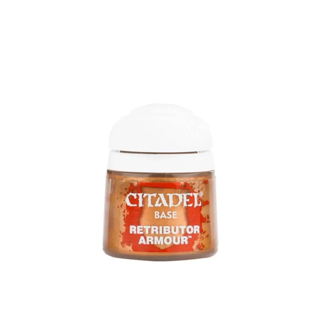 A small clear plastic jar with white cap containing citadel base paint retributor armor in amber brown hue 12ml
