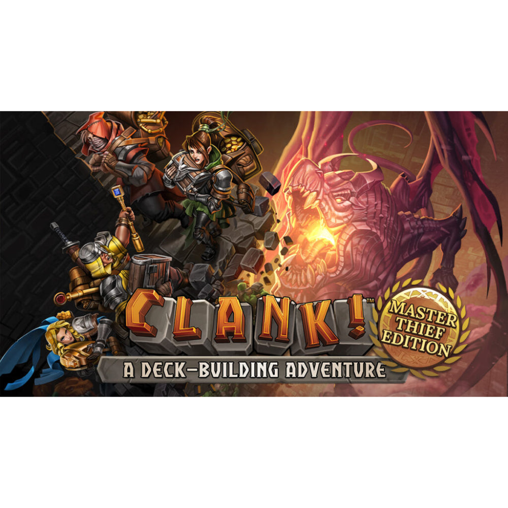 Clank master thief edition deck-building game with illustrated armored characters facing a fiery dragon in fantasy attire