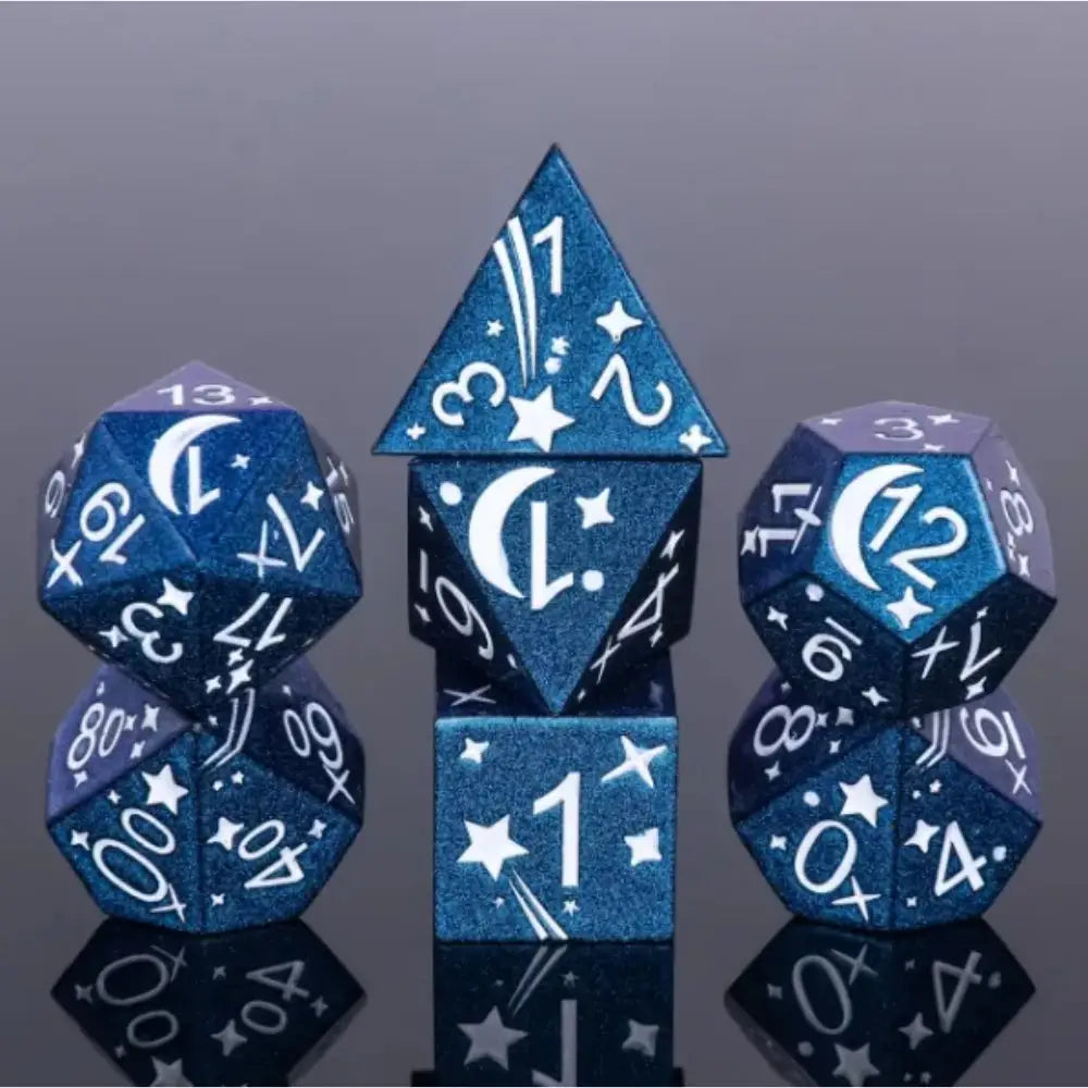 Comet Metal Polyhedral (D&D) Dice Set (7) - White on Blue - Dice & Dice Supplies