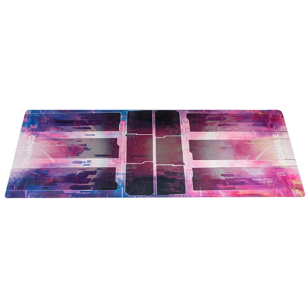 A vibrant compile playmat gaming mat with pink and purple gradient over a futuristic digital cityscape design