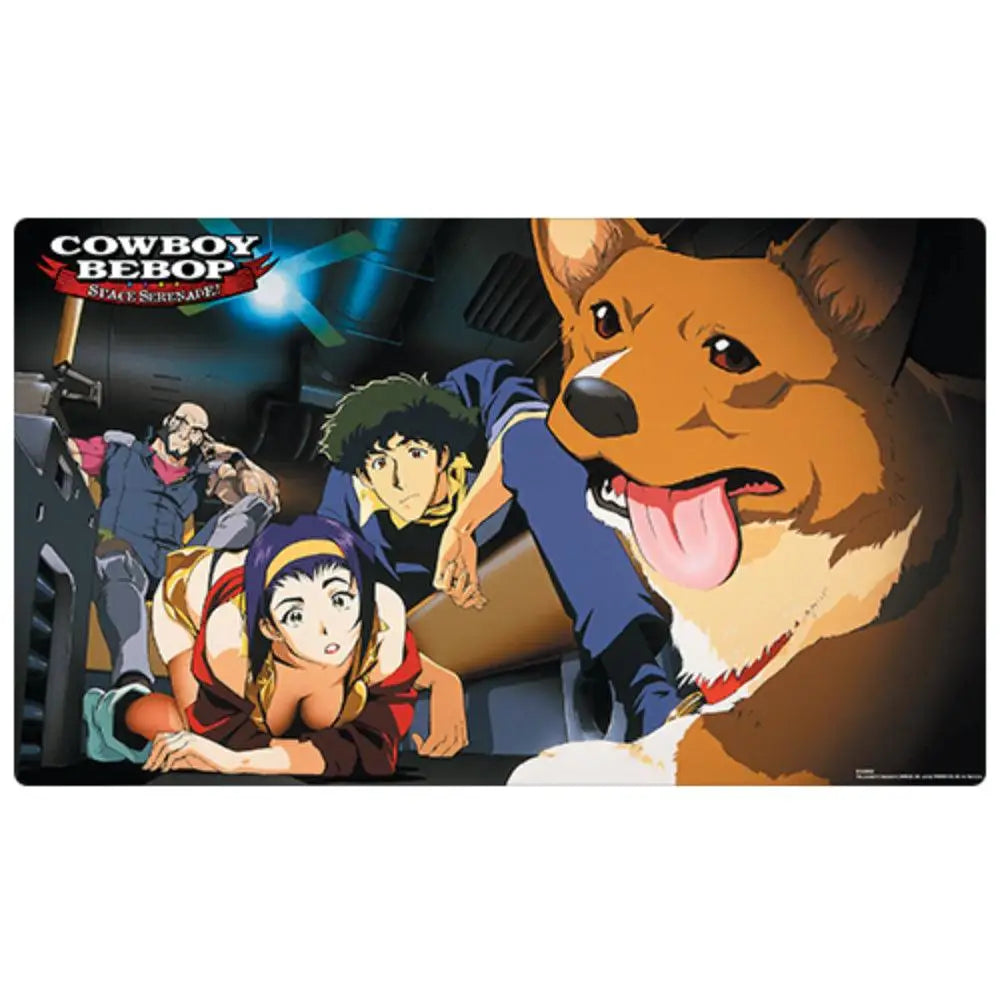 Rectangular Cowboy Bebop standard playmat featuring animated characters and a prominent brown and white dog in the foreground