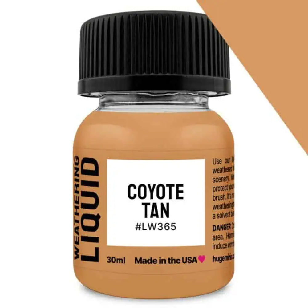 A 30ml clear glass bottle of coyote tan weathering liquid with a black ribbed cap and white label color code lw365