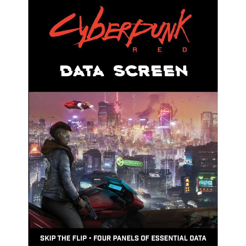 Cyberpunk Red RPG data screen featuring a neon-lit futuristic cityscape with glowing signs and flying vehicles