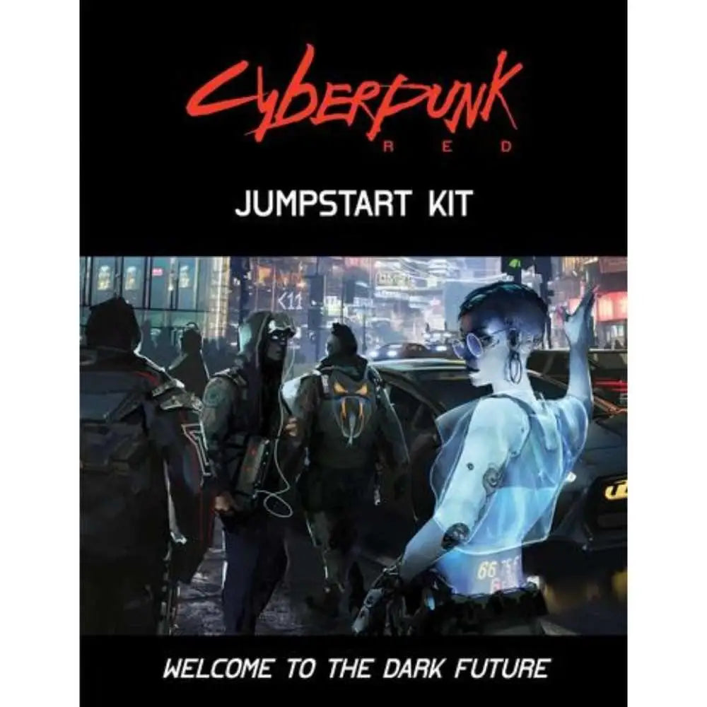 Cyberpunk red rpg jumpstart kit packaging with neon-lit cityscape and characters in dark futuristic attire