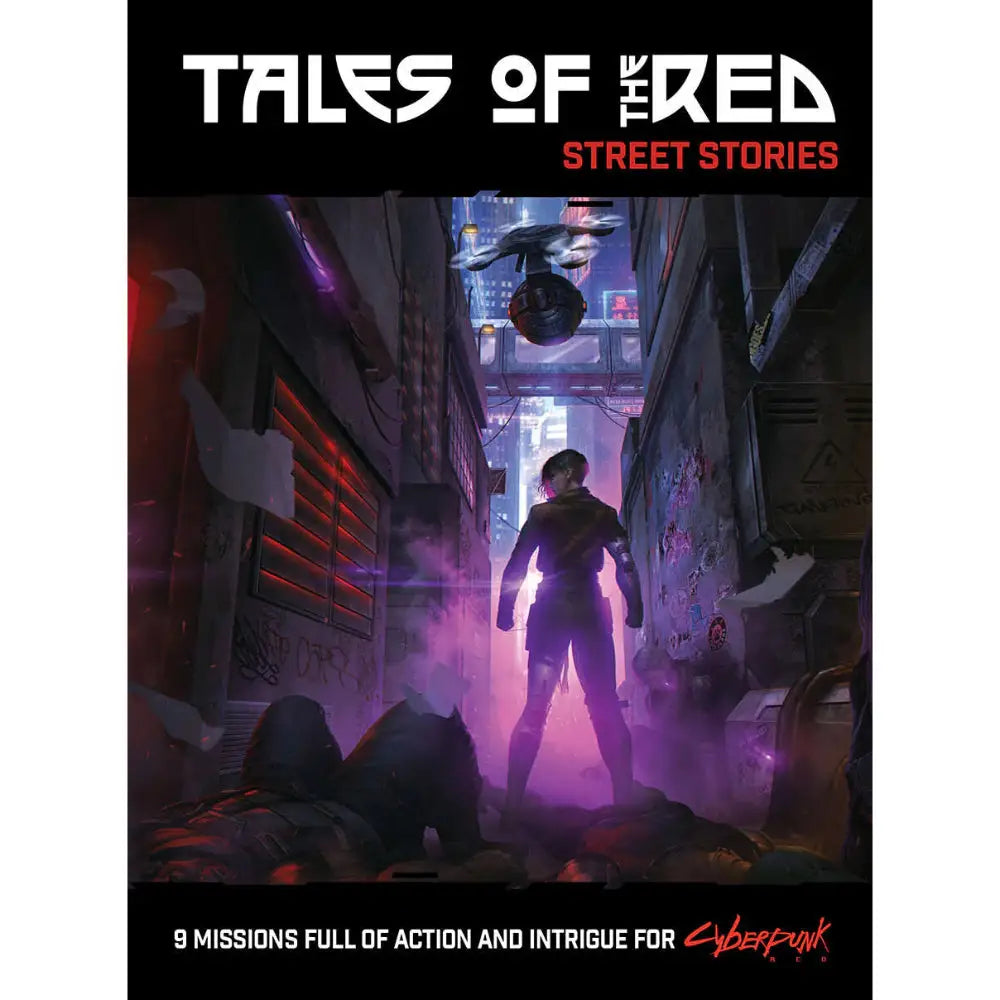 Cyberpunk red rpg book cover with a lone figure in a neon-lit purple and red alley with graffiti walls
