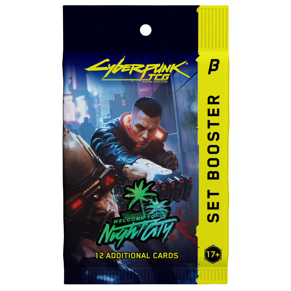 Yellow and black cyberpunk 2077 trading card game booster pack featuring futuristic character in neon night cityscape