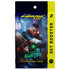 Yellow and black cyberpunk 2077 trading card game booster pack featuring futuristic character in neon night cityscape