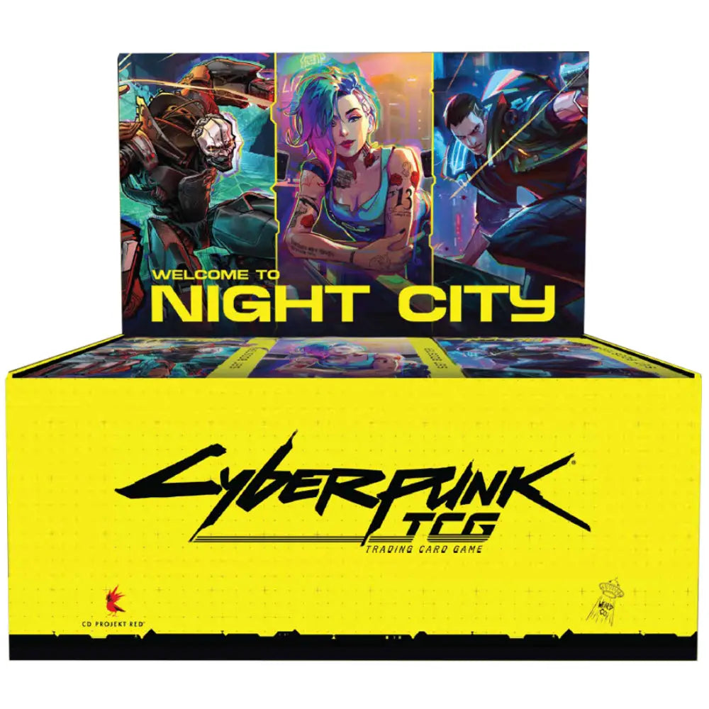 Bright yellow booster box for cyberpunk tcg featuring vibrant neon cityscape artwork in welcome to night city set