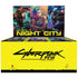 Bright yellow booster box for cyberpunk tcg featuring vibrant neon cityscape artwork in welcome to night city set
