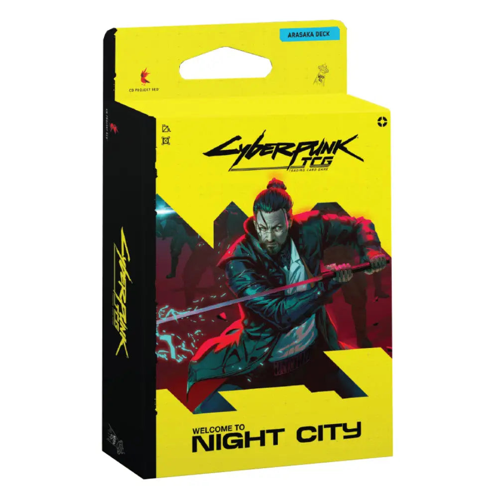 Vibrant yellow and black box of Cyberpunk TCG Welcome to Night City starter deck featuring Arasaka character with red sword