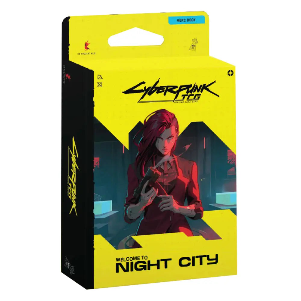 Vibrant yellow and black cyberpunk tcg welcome to night city starter deck the heist box featuring character in red suit