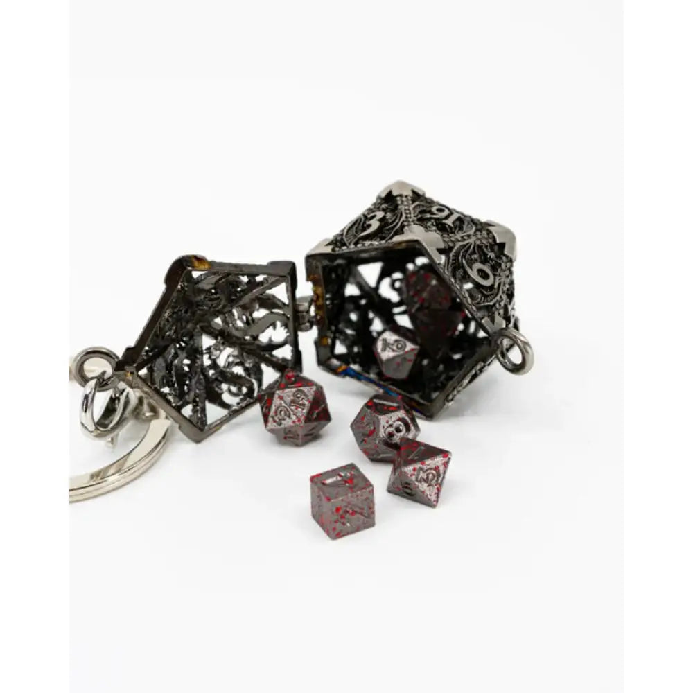 D20 Keychain Locket with Micro Mini Metal Polyhedral Dice Set (7) - Dice & Dice Supplies