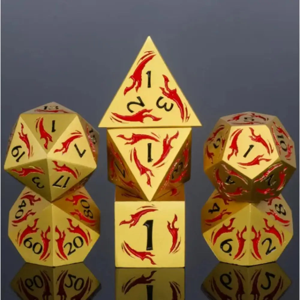 Dagger of the Wind Metal Polyhedral (D&D) Dice Set (7) - Red/Black on Gold - Dice & Dice Supplies