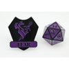Black and purple enamel shield pin with sword and fear text next to a translucent purple 20-sided die for rpg game masters