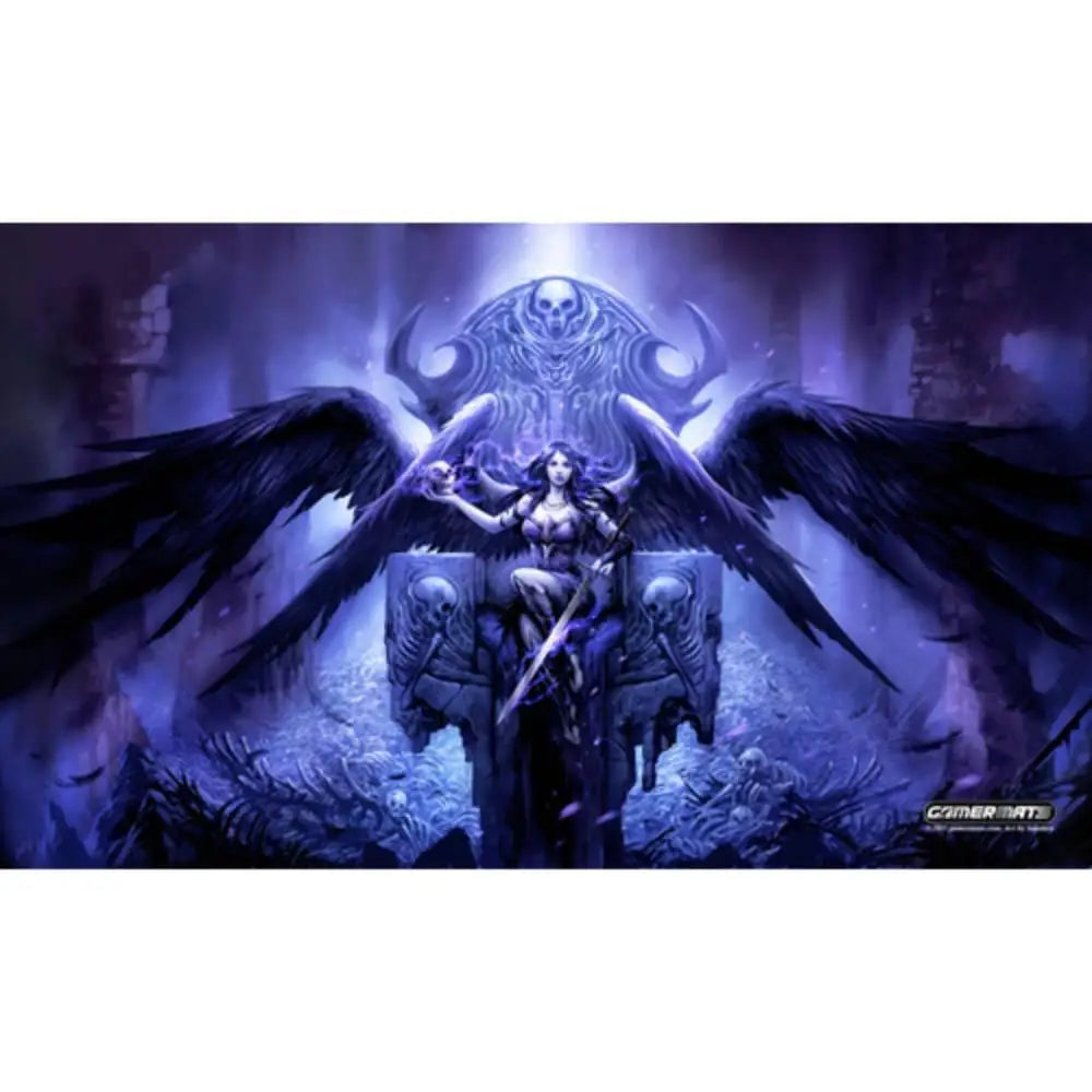 Dark angel by Sandara playmat showing a dark-winged skeletal throne with intricate carvings and glowing purple light