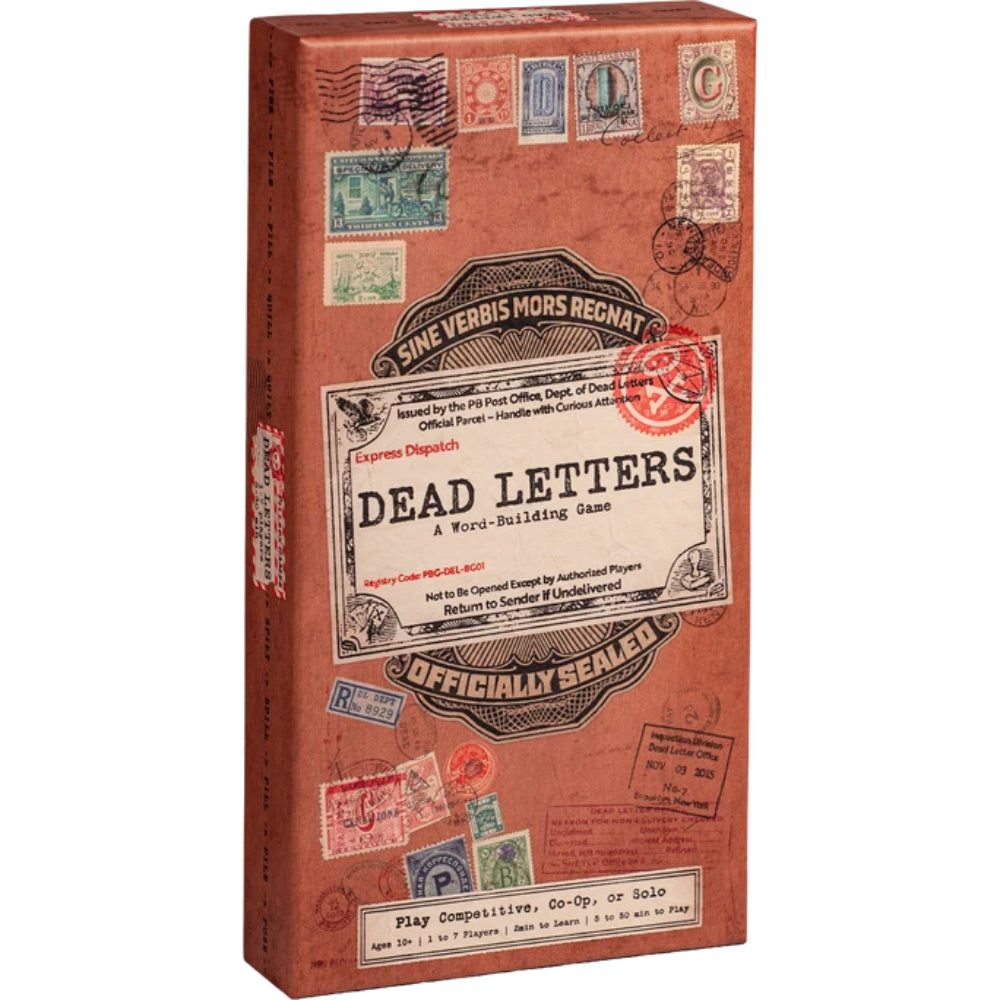 A vintage-style orange cardboard box for the Dead Letters word-building game featuring old postage stamps and letter markings
