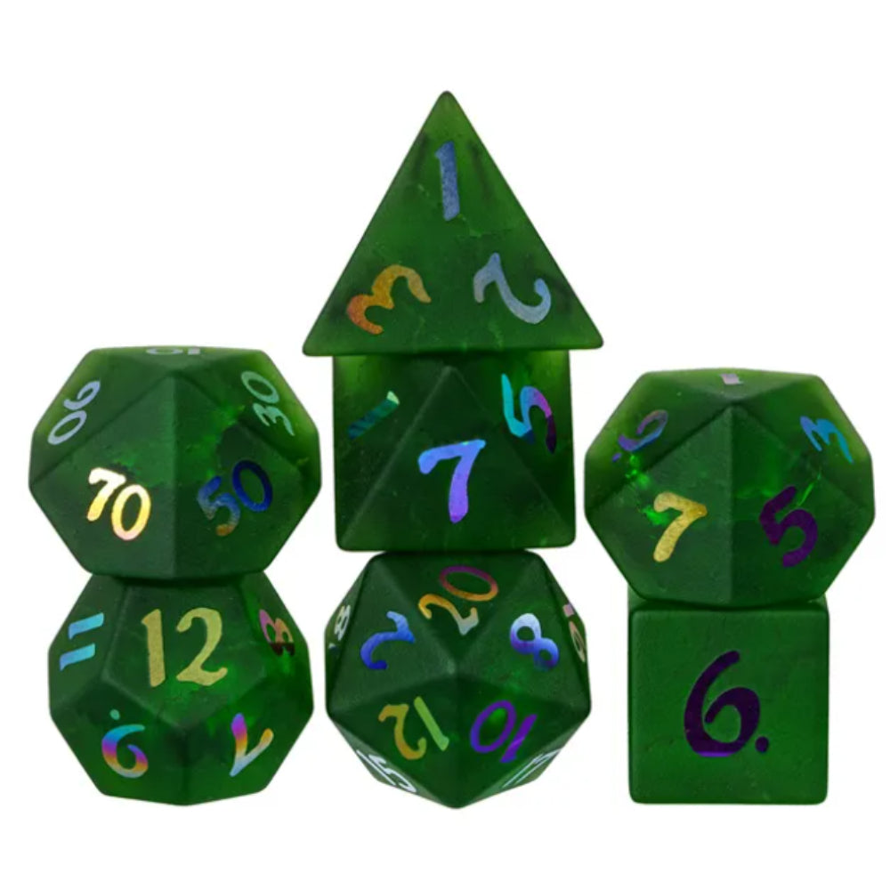 Set of seven translucent green glass polyhedral dice with iridescent multicolored numbering for dnd gaming