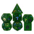 Set of seven translucent green glass polyhedral dice with iridescent multicolored numbering for dnd gaming