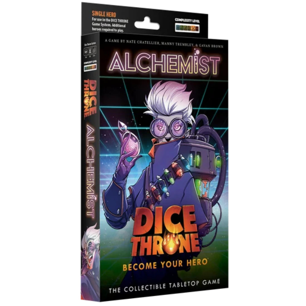 Dice Throne alchemist hero pack game box featuring cartoon alchemist with white hair holding pink orb on neon grid background