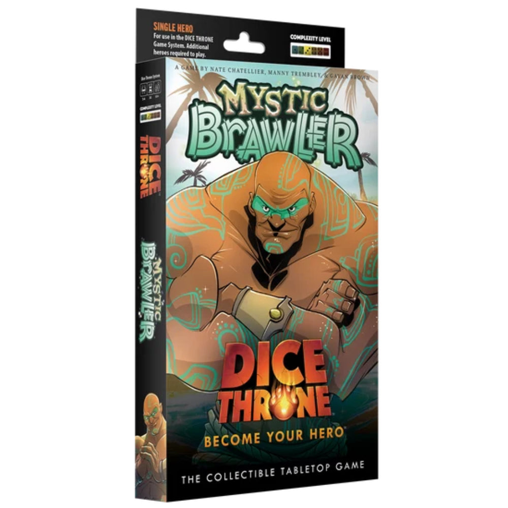 Dice Throne mystic brawler hero pack box featuring muscular orange-skinned character with glowing green eyes and teal markings
