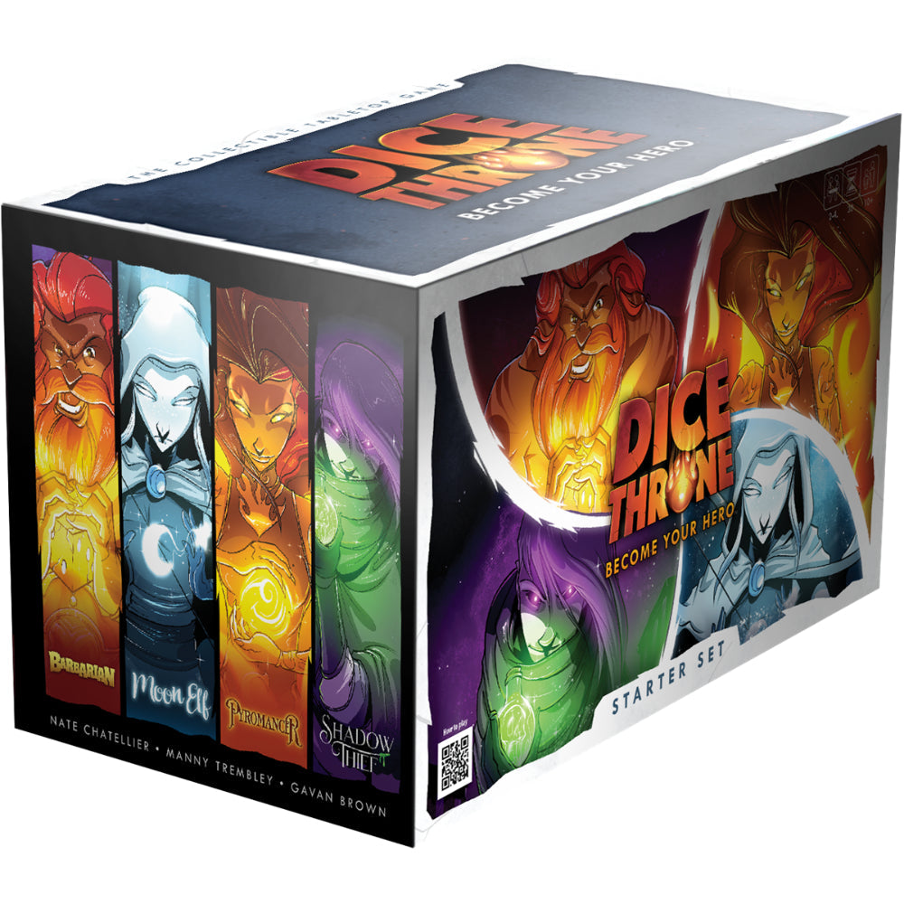 Dice Throne Starter Set box featuring colorful illustrated character portraits on its sides and top for gameplay
