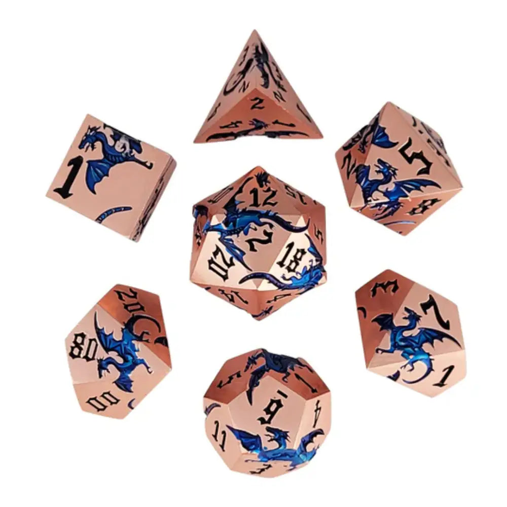 Dragon Attack Metal Polyhedral (D&D) Dice Set (7) - Copper & Blue w/Black - Dice & Dice Supplies
