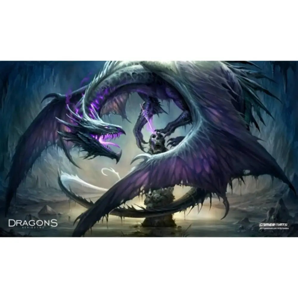 Dragon Knight playmat featuring two dark scaled dragons with glowing purple accents battling above a stone pedestal