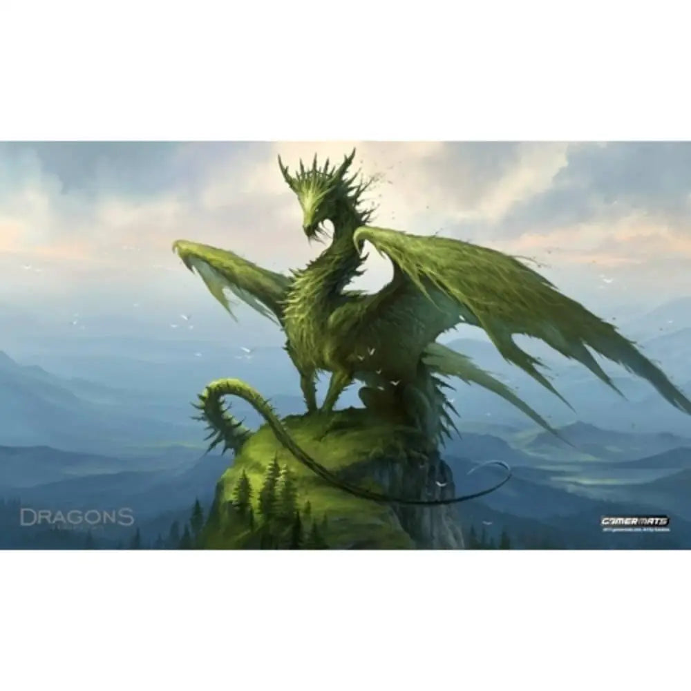 Dragon of the Forest playmat by Sandara featuring a green majestic dragon with spiky scales on a rocky cliff