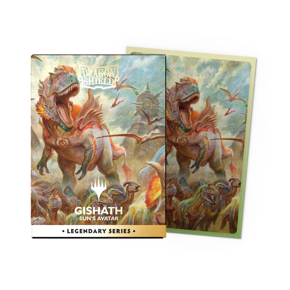 Dragon shield magic the gathering legendary art sleeves box featuring gishath suns avatar fiery dinosaur illustration
