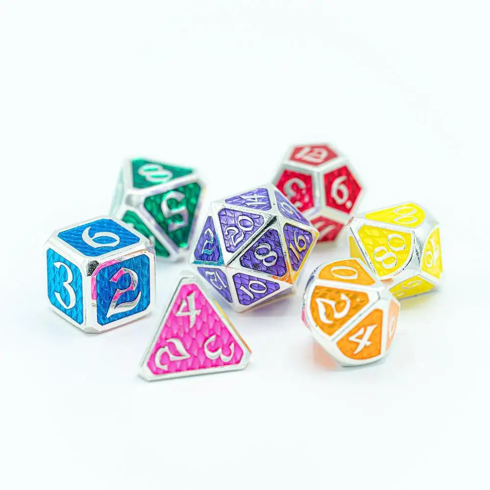 Drakona Rainbow Pride Metal Polyhedral (D&D) Dice Set (7) Dice & Dice Supplies Die Hard Dice   