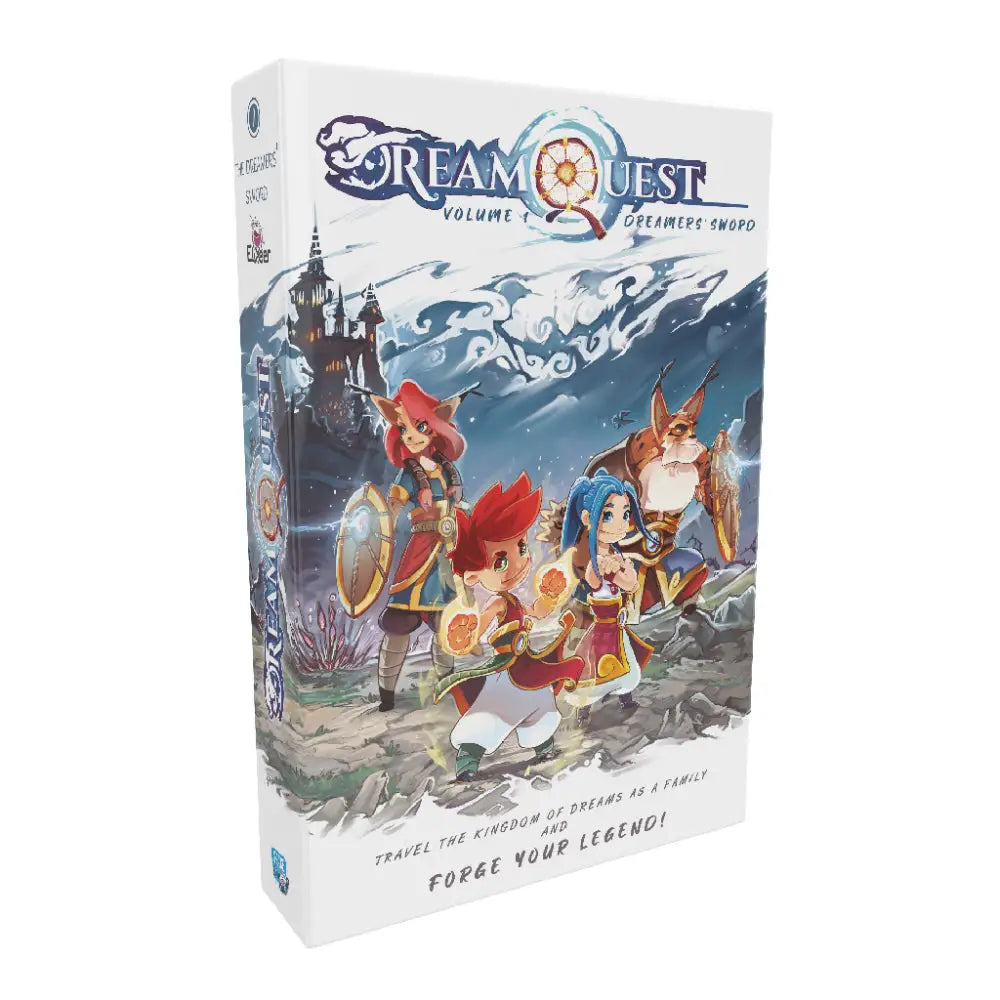 White cardboard box for Dream Quest RPG Volume 1 featuring colorful illustrated characters on the front cover