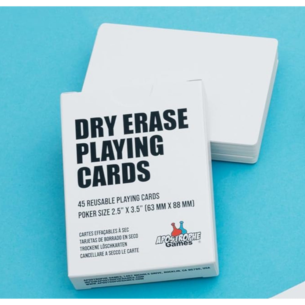 White rectangular box of dry erasable playing cards by apostrophe games designed for reusable writing and drawing