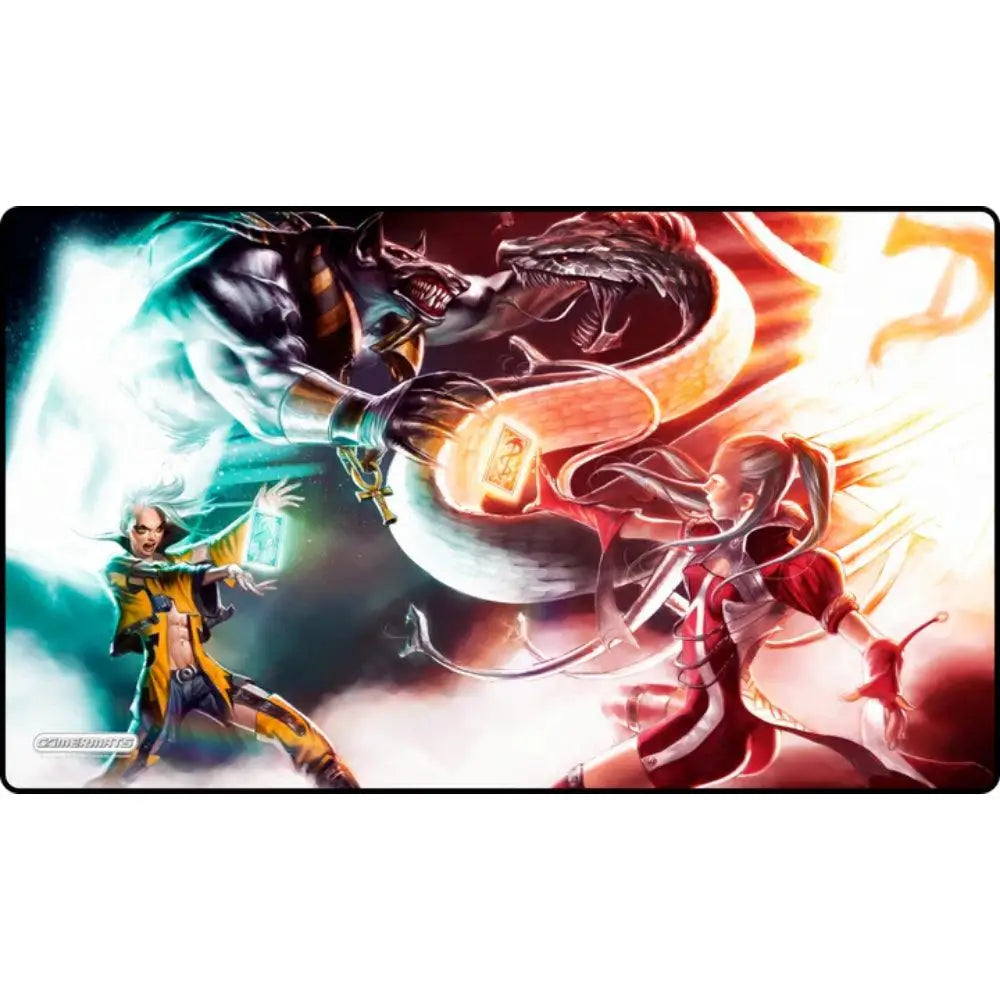 Vibrant rectangular duel playmat featuring dynamic anime characters with glowing blue and fiery orange energy design