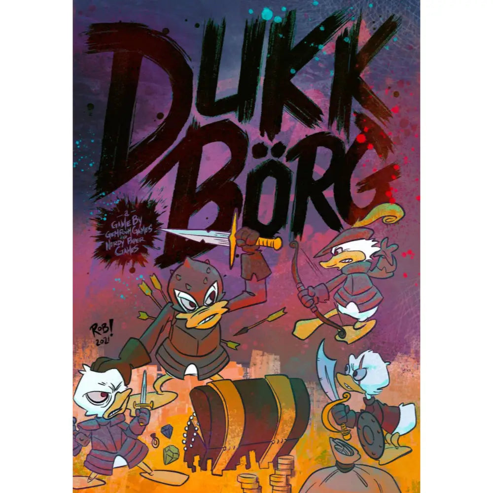 Duckburg-themed Dukk Borg RPG core book cover with bold black lettering and cartoon ducks in medieval armor cartoon style