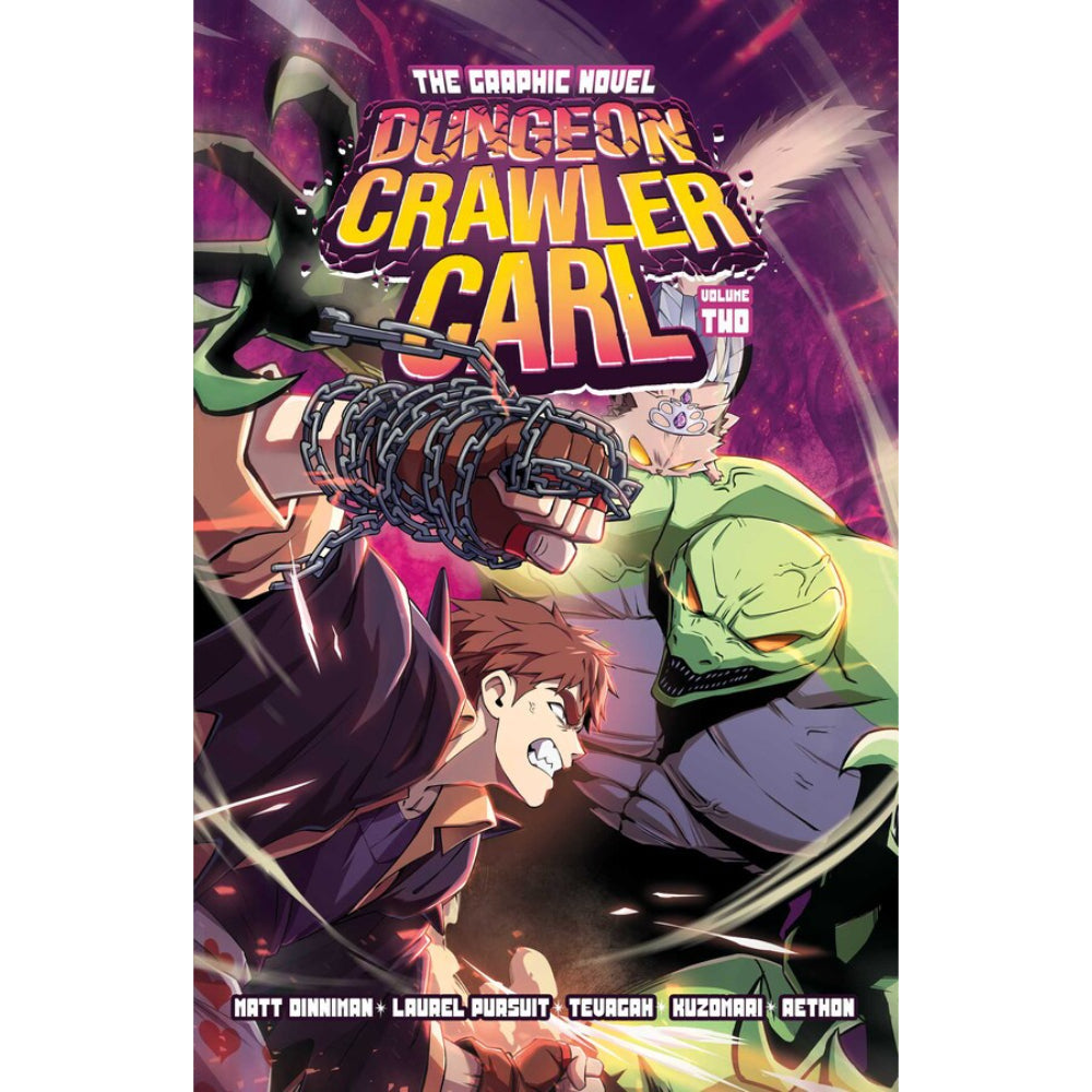 Dungeon crawler carl the graphic novel volume 2 features vibrant comic art with a green monster and dark-clothed character on purple background