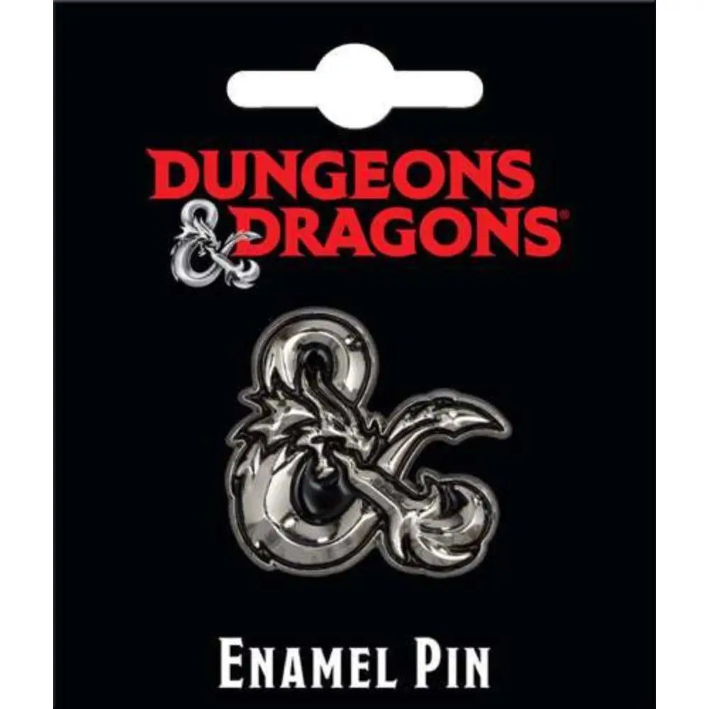 Silver enamel pin of the dungeons and dragons ampersand symbol with a dragon design for tabletop gaming fans
