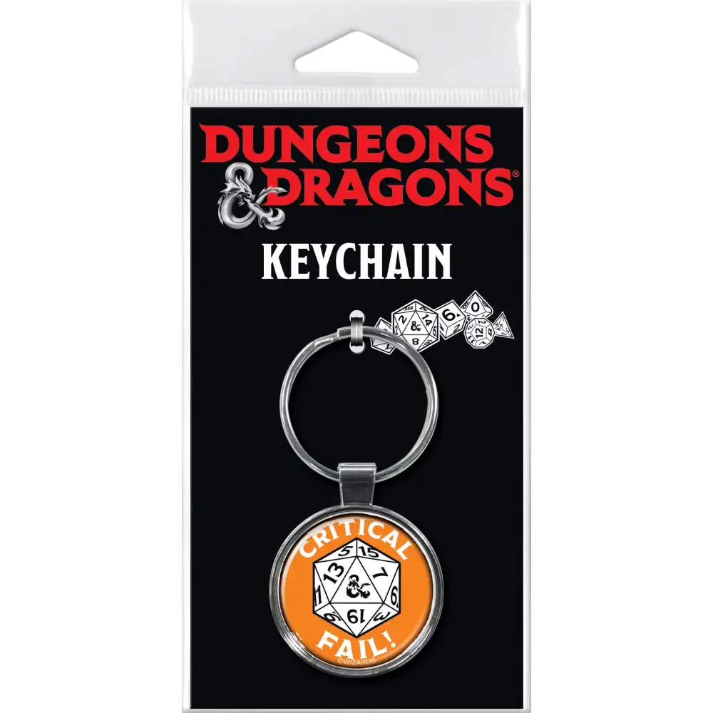 Silver keychain with circular orange and white design featuring a 20-sided die and critical fail text for dungeons and dragons