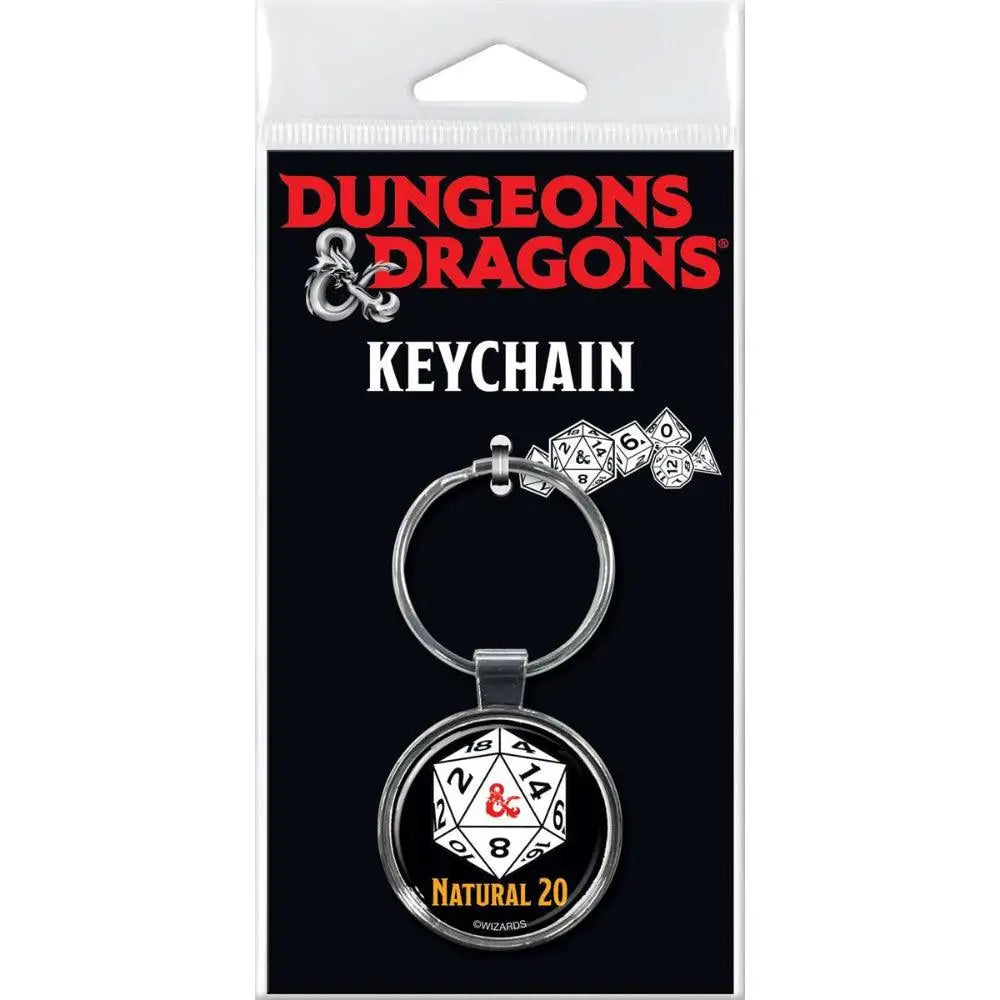 Silver metallic dungeons and dragons natural 20 keychain with circular black pendant featuring white and gold 20-sided die design