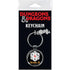 Silver metallic dungeons and dragons natural 20 keychain with circular black pendant featuring white and gold 20-sided die design