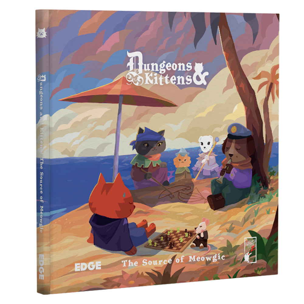 Colorful illustrated board game box for dungeons and kittens rpg the source of meowgic featuring cartoon cats and a mouse on a beach