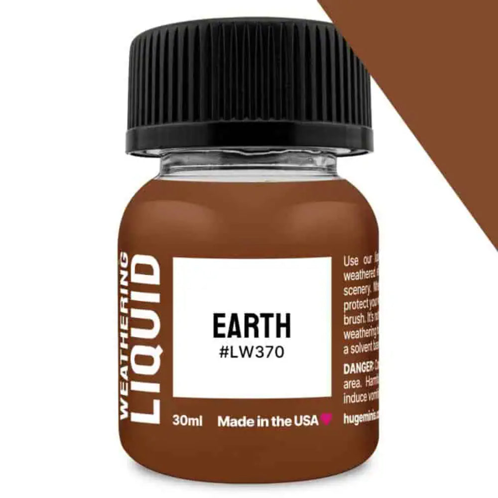 A 30ml bottle of earth lw370 weathering liquid in matte brown finish with a black ribbed cap made in the usa